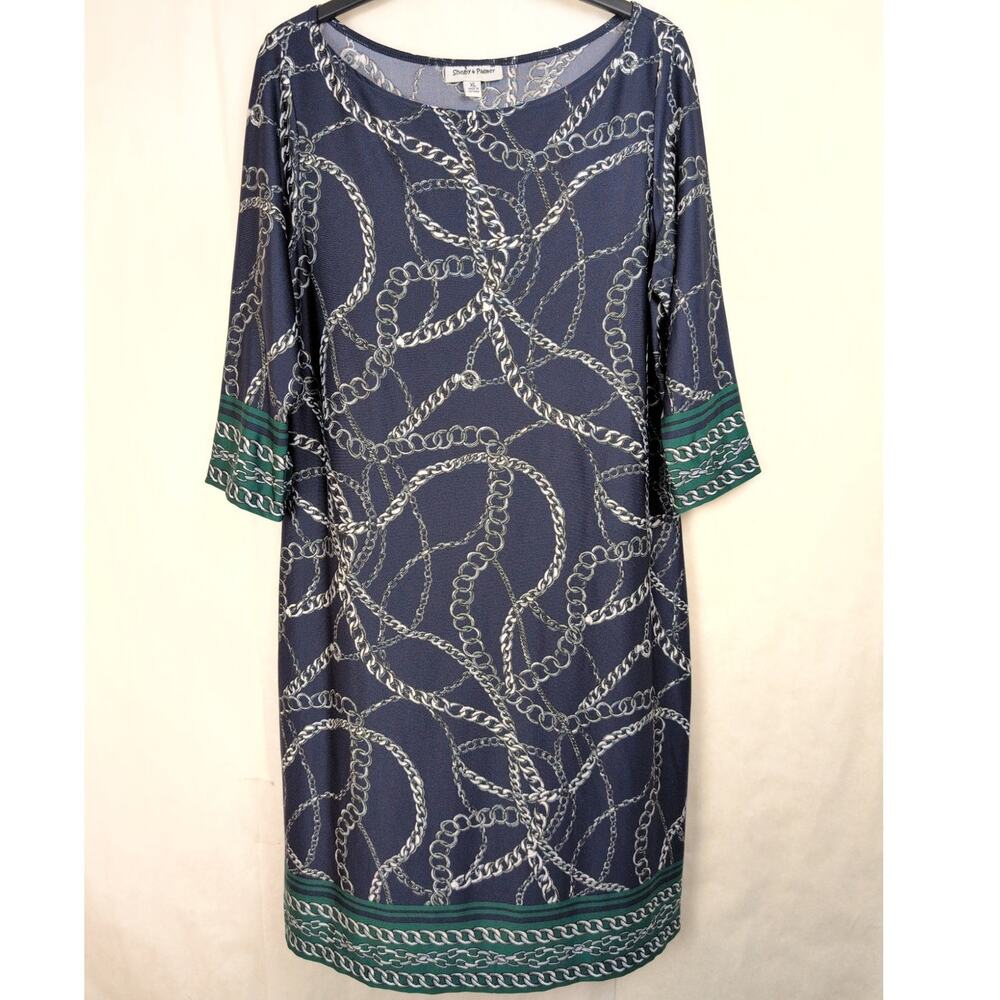 Shelby & Palmer navy blue chain print boat neck stretch knit dress XL Preppy